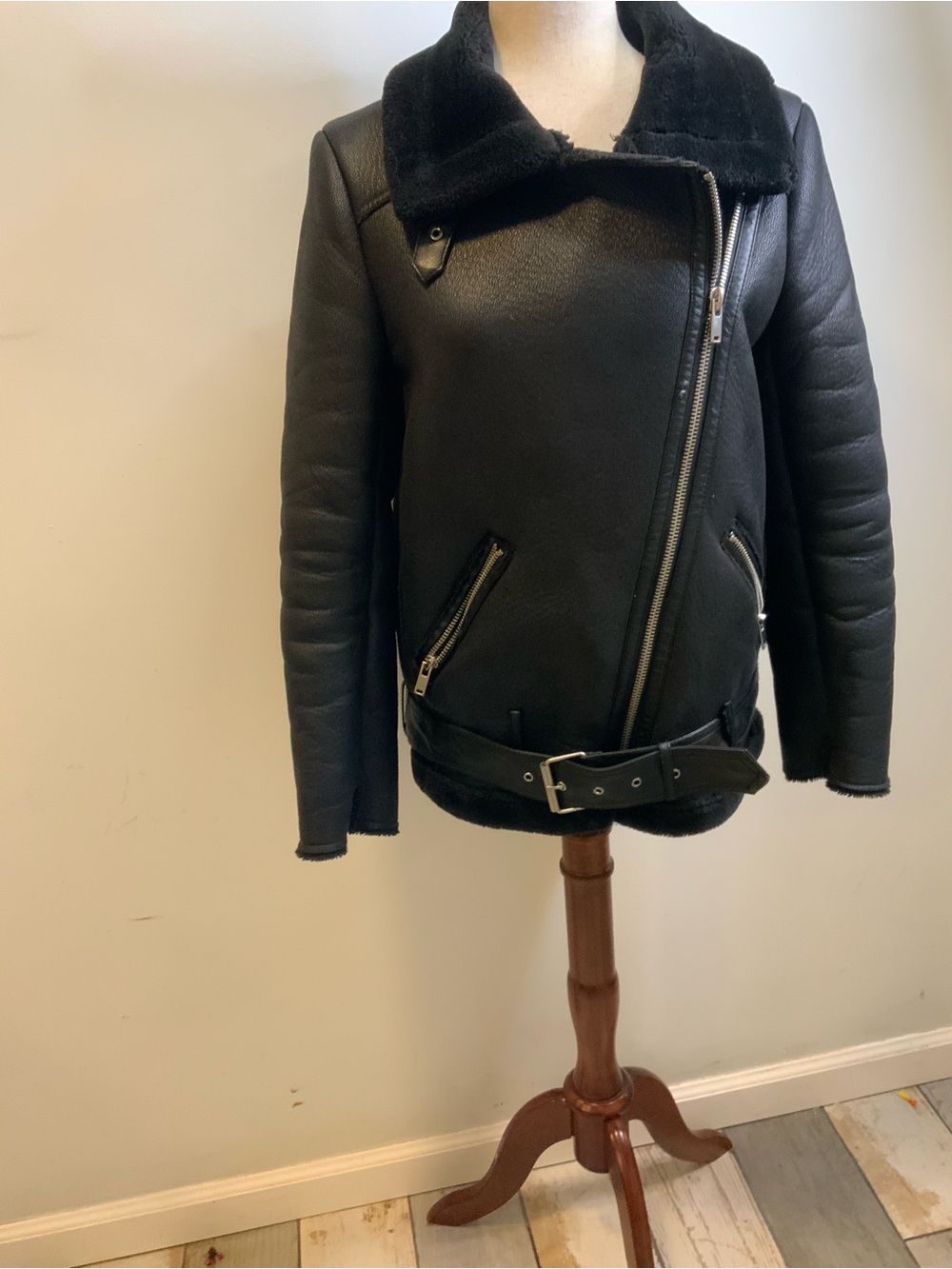 Zara Faux Shearling Biker Jacket Moto B3 Aviator Coastal Cowgirl